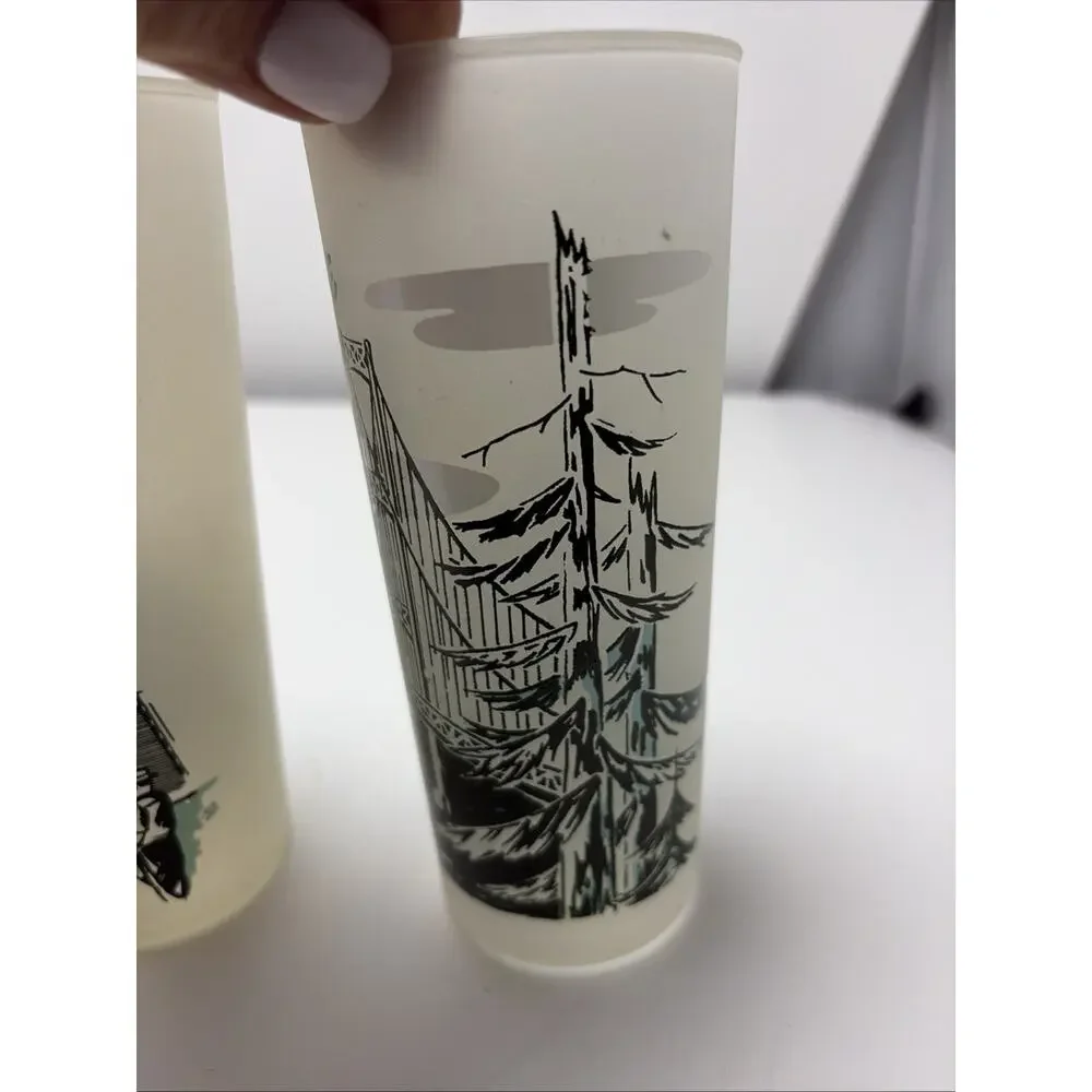 3 Vintage Michigan Souvenir Frosted Glasses Tumblers Mackinac Bridge UZ4